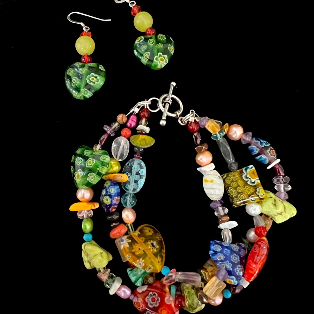 Super Cute 3-Strand Beaded Bracelet w/ Matching Earrings